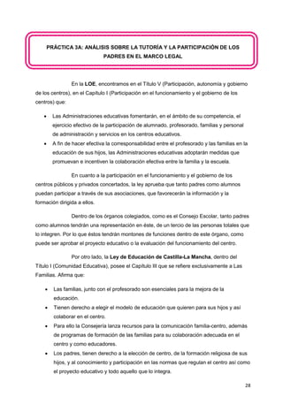 28
PRÁCTICA 3A: ANÁLISIS SOBRE LA TUTORÍA Y LA PARTICIPACIÓN DE LOS
PADRES EN EL MARCO LEGAL
En la LOE, encontramos en el Título V (Participación, autonomía y gobierno
de los centros), en el Capítulo I (Participación en el funcionamiento y el gobierno de los
centros) que:
 Las Administraciones educativas fomentarán, en el ámbito de su competencia, el
ejercicio efectivo de la participación de alumnado, profesorado, familias y personal
de administración y servicios en los centros educativos.
 A fin de hacer efectiva la corresponsabilidad entre el profesorado y las familias en la
educación de sus hijos, las Administraciones educativas adoptarán medidas que
promuevan e incentiven la colaboración efectiva entre la familia y la escuela.
En cuanto a la participación en el funcionamiento y el gobierno de los
centros públicos y privados concertados, la ley aprueba que tanto padres como alumnos
puedan participar a través de sus asociaciones, que favorecerán la información y la
formación dirigida a ellos.
Dentro de los órganos colegiados, como es el Consejo Escolar, tanto padres
como alumnos tendrán una representación en éste, de un tercio de las personas totales que
lo integren. Por lo que éstos tendrán montones de funciones dentro de este órgano, como
puede ser aprobar el proyecto educativo o la evaluación del funcionamiento del centro.
Por otro lado, la Ley de Educación de Castilla-La Mancha, dentro del
Título I (Comunidad Educativa), posee el Capítulo III que se refiere exclusivamente a Las
Familias. Afirma que:
 Las familias, junto con el profesorado son esenciales para la mejora de la
educación.
 Tienen derecho a elegir el modelo de educación que quieren para sus hijos y así
colaborar en el centro.
 Para ello la Consejería lanza recursos para la comunicación familia-centro, además
de programas de formación de las familias para su colaboración adecuada en el
centro y como educadores.
 Los padres, tienen derecho a la elección de centro, de la formación religiosa de sus
hijos, y al conocimiento y participación en las normas que regulan el centro así como
el proyecto educativo y todo aquello que lo integra.
 
