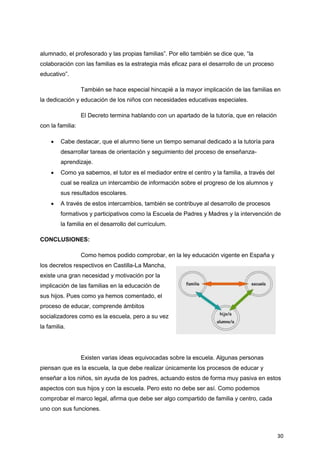 30
alumnado, el profesorado y las propias familias”. Por ello también se dice que, “la
colaboración con las familias es la estrategia más eficaz para el desarrollo de un proceso
educativo”.
También se hace especial hincapié a la mayor implicación de las familias en
la dedicación y educación de los niños con necesidades educativas especiales.
El Decreto termina hablando con un apartado de la tutoría, que en relación
con la familia:
 Cabe destacar, que el alumno tiene un tiempo semanal dedicado a la tutoría para
desarrollar tareas de orientación y seguimiento del proceso de enseñanza-
aprendizaje.
 Como ya sabemos, el tutor es el mediador entre el centro y la familia, a través del
cual se realiza un intercambio de información sobre el progreso de los alumnos y
sus resultados escolares.
 A través de estos intercambios, también se contribuye al desarrollo de procesos
formativos y participativos como la Escuela de Padres y Madres y la intervención de
la familia en el desarrollo del currículum.
CONCLUSIONES:
Como hemos podido comprobar, en la ley educación vigente en España y
los decretos respectivos en Castilla-La Mancha,
existe una gran necesidad y motivación por la
implicación de las familias en la educación de
sus hijos. Pues como ya hemos comentado, el
proceso de educar, comprende ámbitos
socializadores como es la escuela, pero a su vez
la familia.
Existen varias ideas equivocadas sobre la escuela. Algunas personas
piensan que es la escuela, la que debe realizar únicamente los procesos de educar y
enseñar a los niños, sin ayuda de los padres, actuando estos de forma muy pasiva en estos
aspectos con sus hijos y con la escuela. Pero esto no debe ser así. Como podemos
comprobar el marco legal, afirma que debe ser algo compartido de familia y centro, cada
uno con sus funciones.
 