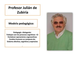 Profesor Julián de
Zubiría
Modelo pedagógico:
Pedagogía dialogante:
Trabajan con los procesos cognitivos –CI
Fortalecer operaciones cognoscitivas
Cerebro humano se compone de:
Sistema afectivo, cognitivo y expresivo
:
 