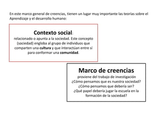 Contexto social:
relacionado o apunta a la sociedad. Este concepto
(sociedad) engloba al grupo de individuos que
comparten una cultura y que interactúan entre sí
para conformar una comunidad.
Marco de creencias
proviene del trabajo de investigación
¿Cómo pensamos que es nuestra sociedad?
¿Cómo pensamos que debería ser?
¿Qué papel debería jugar la escuela en la
formación de la sociedad?
En este marco general de creencias, tienen un lugar muy importante las teorías sobre el
Aprendizaje y el desarrollo humano:
 