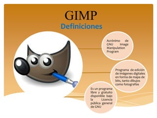 GIMP
Definiciones
Acrónimo de
GNU Image
Manipulation
Program
Programa de edición
de imágenes digitales
en forma de mapa de
bits, tanto dibujos
como fotografías
Es un programa
libre y gratuito
disponible bajo
la Licencia
pública general
de GNU
 
