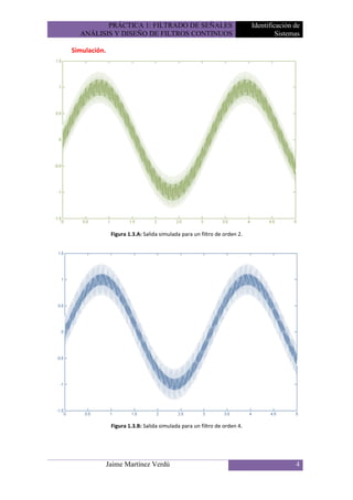 PRÁCTICA 1: FILTRADO DE SEÑALES                                  Identificación de
  ANÁLISIS Y DISEÑO DE FILTROS CONTINUOS                                           Sistemas

Simulación.




               Figura 1.3.A: Salida simulada para un filtro de orden 2.




               Figura 1.3.B: Salida simulada para un filtro de orden 4.




              Jaime Martínez Verdú                                                       4
 