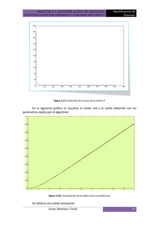 PRÁCTICA 5: IDENTIFICACIÓN DE SISTEMAS                                  Identificación de
 IDENTIFICACIÓN POR MÍNIMOS CUADRADOS RECURSIVO                                             Sistemas




                       Figura 5.17: Evolución de la traza de la matriz P.

      En la siguiente gráfica se visualiza la salida real y la salida obtenida con los
parámetros dados por el algoritmo:




                   Figura 5.20: Visualización de la salida real y la predicción.

       Se obtiene una salida semejante.
                   Jaime Martínez Verdú                                                          14
 