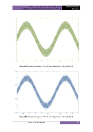 PRÁCTICA 1: FILTRADO DE SEÑALES                                  Identificación de
  ANÁLISIS Y DISEÑO DE FILTROS CONTINUOS                                           Sistemas




Figura 1.5.A: Salida simulada para un filtro de orden 2 y oscilación máxima de 0.1 dB.




Figura 1.5.B: Salida simulada para un filtro de orden 4 y oscilación máxima de 0.1 dB.


             Jaime Martínez Verdú                                                        10
 