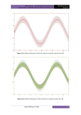 PRÁCTICA 1: FILTRADO DE SEÑALES                                  Identificación de
  ANÁLISIS Y DISEÑO DE FILTROS CONTINUOS                                           Sistemas




Figura 1.5.C: Salida simulada para un filtro de orden 8 y oscilación máxima de 0.1 dB.




Figura 1.6.A: Salida simulada para un filtro de orden 2 y oscilación máxima de 1 dB.




             Jaime Martínez Verdú                                                        11
 
