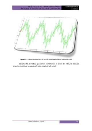 PRÁCTICA 1: FILTRADO DE SEÑALES                                  Identificación de
         ANÁLISIS Y DISEÑO DE FILTROS CONTINUOS                                           Sistemas




        Figura 1.6.C: Salida simulada para un filtro de orden 8 y oscilación máxima de 1 dB.

       Obviamente, a medida que vamos aumentando el orden del filtro, se produce
una disminución progresiva del ruido acoplado a la señal.




                    Jaime Martínez Verdú                                                       15
 