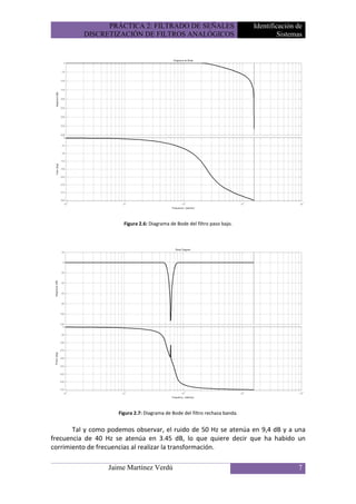 PRÁCTICA 2: FILTRADO DE SEÑALES                               Identificación de
          DISCRETIZACIÓN DE FILTROS ANALÓGICOS                                         Sistemas




                       Figura 2.6: Diagrama de Bode del filtro paso bajo.




                     Figura 2.7: Diagrama de Bode del filtro rechaza banda.


       Tal y como podemos observar, el ruido de 50 Hz se atenúa en 9,4 dB y a una
frecuencia de 40 Hz se atenúa en 3.45 dB, lo que quiere decir que ha habido un
corrimiento de frecuencias al realizar la transformación.

                  Jaime Martínez Verdú                                                       7
 