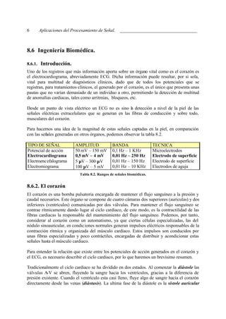 6     Aplicaciones del Procesamiento de Señal.       __________________________________



8.6 Ingeniería Biomédica.

8.6.1. Introducción.
Uno de los registros que más información aporta sobre un órgano vital como es el corazón es
el electrocardiograma, abreviadamente ECG. Dicha información puede resultar, por si sola,
vital para multitud de diagnósticos clínicos, dado que de todos los potenciales que se
registran, para tratamientos clínicos, el generado por el corazón, es el único que presenta unas
pautas que no varían demasiado de un individuo a otro, permitiendo la detección de multitud
de anomalías cardiacas, tales como arritmias, bloqueos, etc.

Desde un punto de vista eléctrico un ECG no es sino la detección a nivel de la piel de las
señales eléctricas extracelulares que se generan en las fibras de conducción y sobre todo,
musculares del corazón.

Para hacernos una idea de la magnitud de estas señales captadas en la piel, en comparación
con las señales generadas en otros órganos, podemos observar la tabla 8.2.

TIPO DE SEÑAL             AMPLITUD              BANDA                   TECNICA
Potencial de acción       50 mV – 150 mV        0,1 Hz – 1 KHz          Microelectrodos
Electrocardiograma        0,5 mV – 4 mV         0,01 Hz – 250 Hz        Electrodo de superficie
Electroenc efalograma     5 µV – 300 µV         0,01 Hz – 150 Hz        Electrodo de superficie
Electromiograma           100 µV – 5 mV         0,01 Hz – 10 KHz        Electrodos de aguja
                             Tabla 8.2. Rangos de señales biomédicas.


8.6.2. El corazón
El corazón es una bomba pulsatoria encargada de mantener el flujo sanguíneo a la presión y
caudal necesarios. Este órgano se compone de cuatro cámaras dos superiores (aurículas) y dos
inferiores (ventrículos) comunicadas por dos válvulas. Para mantener el flujo sanguíneo se
contrae rítmicamente dando lugar al ciclo cardiaco, de este modo, es la contractilidad de las
fibras cardiacas la responsable del mantenimiento del flujo sanguíneo. Podemos, por tanto,
considerar al corazón como un automatismo, ya que ciertas células especializadas, las del
nódulo sinoauricular, en condic iones normales generan impulsos eléctricos responsables de la
contracción rítmica y organizada del músculo cardíaco. Estos impulsos son conducidos por
unas fibras especializadas y poco contráctiles, encargadas de distribuir y acondicionar estas
señales hasta el músculo cardiaco.

Para entender la relación que existe entre los potenciales de acción generados en el corazón y
el ECG, es necesario describir el ciclo cardiaco, por lo que haremos un brevísimo resumen.

Tradicionalmente el ciclo cardiaco se ha dividido en dos estados. Al comenzar la diástole las
válvulas A-V se abren, fluyendo la sangre hacia los ventrículos, gracias a la diferencia de
presión existente. Cuando el ventrículo esta casi lleno, fluye algo de sangre hacia el corazón
directamente desde las venas (diástasis). La ultima fase de la diástole es la sístole auricular
 