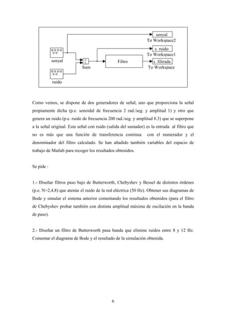 senyal
                                                               To Workspace2
                                                                  s ruido
                                                               To Workspace1
            senyal          +                   Filtro            s filtrada
                            +
                           Sum                                  To Workspace


            ruido



Como vemos, se dispone de dos generadores de señal, uno que proporciona la señal
propiamente dicha (p.e. senoidal de frecuencia 2 rad./seg. y amplitud 1) y otro que
genera un ruido (p.e. ruido de frecuencia 200 rad./seg. y amplitud 0.3) que se superpone
a la señal original. Esta señal con ruido (salida del sumador) es la entrada al filtro que
no es más que una función de transferencia continua             con el numerador y el
denominador del filtro calculado. Se han añadido también variables del espacio de
trabajo de Matlab para recoger los resultados obtenidos.


Se pide :


1.- Diseñar filtros paso bajo de Butterworth, Chebyshev y Bessel de distintos órdenes
(p.e. N=2,4,8) que atenúe el ruido de la red eléctrica (50 Hz). Obtener sus diagramas de
Bode y simular el sistema anterior comentando los resultados obtenidos (para el filtro
de Chebyshev probar también con distinta amplitud máxima de oscilación en la banda
de paso).


2.- Diseñar un filtro de Butterworth pasa banda que elimine ruidos entre 8 y 12 Hz.
Comentar el diagrama de Bode y el resultado de la simulación obtenida.




                                            6
 