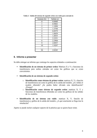 Tabla 3. Salida del sistema de segundo orden con ruido para entrada b)

                               Instante (k)        Salida (y)
                                     0              0.0000
                                     1              0.9802
                                     2              1.1098
                                     3              1.3794
                                     4              0.8979
                                     5              1.0859
                                     6              1.8955
                                     7              2.3221
                                     8              2.2904
                                     9              2.0957
                                    10              1.9207
                                   ….                  …
                                    30              2.0245


6. Informe a presentar

Se debe entregar un informe que contenga los aspectos relatados a continuación:

   •   Identificación de un sistema de primer orden: Matrices X e Y y funciones de
       transferencia para ambas entradas así como las gráficas que se crean
       convenientes.

   •   Identificación de un sistema de segundo orden:

           o Identificación como sistema de primer orden: matrices X, Y y función
             de transferencia así como la gráfica de la salida del modelo. ¿Es válido el
             modelo obtenido? ¿Se podría haber obviado esta identificación?
             ¿Porqué?
           o Identificación como sistema de segundo orden: matrices X, Y y
             funciones de transferencia obtenidas así como las gráficas de las salidas
             de los modelos.

   •   Identificación de un sistema con ruido : matrices X, Y, función de
       transferencia y gráfica de la salida del modelo. ¿A qué conclusión se llega tras la
       simulación?

Aparte se puede incluir cualquier aspecto de la práctica que se quiera hacer notar.




                                                                                        8
 