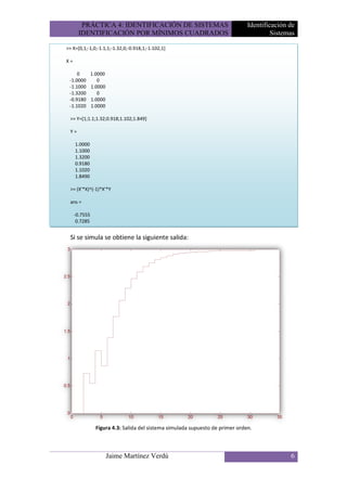 PRÁCTICA 4: IDENTIFICACIÓN DE SISTEMAS                                   Identificación de
      IDENTIFICACIÓN POR MÍNIMOS CUADRADOS                                               Sistemas

>> X=[0,1;-1,0;-1.1,1;-1.32,0;-0.918,1;-1.102,1]

X=

     0         1.0000
 -1.0000          0
 -1.1000       1.0000
 -1.3200          0
 -0.9180       1.0000
 -1.1020       1.0000

 >> Y=[1;1.1;1.32;0.918;1.102;1.849]

 Y=

     1.0000
     1.1000
     1.3200
     0.9180
     1.1020
     1.8490

 >> (X'*X)^(-1)*X'*Y

 ans =

     -0.7555
      0.7285


 Si se simula se obtiene la siguiente salida:




                 Figura 4.3: Salida del sistema simulada supuesto de primer orden.



                        Jaime Martínez Verdú                                                   6
 