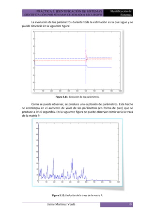 PRÁCTICA 5: IDENTIFICACIÓN DE SISTEMAS                           Identificación de
 IDENTIFICACIÓN POR MÍNIMOS CUADRADOS RECURSIVO                                      Sistemas

      La evolución de los parámetros durante toda la estimación es la que sigue y se
puede observar en la siguiente figura:




                          Figura 5.11: Evolución de los parámetros.

       Como se puede observar, se produce una explosión de parámetros. Este hecho
se contempla en el aumento de valor de los parámetros (en forma de pico) que se
produce a los 6 segundos. En la siguiente figura se puede observar como varía la traza
de la matriz P:




                       Figura 5.12: Evolución de la traza de la matriz P.


                   Jaime Martínez Verdú                                                   10
 