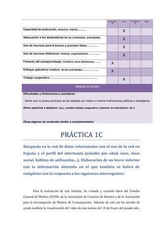 EXCELEN   ALTA   CORRECT   BAJA
                                                                                               TE               A


Capacidad de motivación, atractivo, interés............
                                                                                                      X
Adecuación a los destinatarios de los contenidos, actividades.
                                                                                                      X
Uso de recursos para la buscar y procesar datos................
                                                                                                      X
Uso de recursos didácticos: síntesis, organizadores.................
                                                                                                      X
Fomento del autoaprendizaje. iniciativa, toma decisiones..........
                                                                                              X
Enfoque aplicativo/ creativo de las actividades........................
                                                                                              X
Trabajo cooperativo......................................................................
                                                                                                      X
                                                              OBSERVACIONES

Dificultades y limitaciones a considerar:

. Gente que no quiera participar en los debates por miedo a mostrar inclinaciones políticas o ideológicas.

Otros aspectos a destacar: (p.e.: posible trabajo cooperativo, sistemas de tutorización, etc. )

.

Otras páginas de contenido similar o complementario:




                                            PRÁCTICA 1C
Búsqueda en la red de datos relacionados con el uso de la red en
España y el perfil del internauta (estudio por edad, sexo, clase
social, hábitos de utilización,...). Elaboración de un breve informe
con la información obtenida en el que también se habrá de
completar con la respuesta a los siguientes interrogantes:



           Para la realización de este informe, he visitado y extraído datos del Estudio
General de Medios (EGM), de la Asociación de Usuarios de Internet y de la Asociación
para la Investigación de Medios de Comunicación. Además de esto me ha servido de
ayuda también la visualización del vídeo de una noticia del 18 de Enero del pasado año,
 