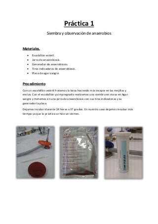 Práctica 1
Siembra y observación de anaerobios
Materiales.
 Escobillón estéril.
 Jarra de anaerobiosis.
 Generador de anaerobiosis.
 Tiras indicadoras de anaerobiosis.
 Placa de agar sangre.
Procedimiento
Con un escobillón estéril frotamos la boca haciendo más incapie en las mejillas y
encías. Con el escobillón ya impregnado realizamos una siembra en masa en Agar
sangre y metemos en una jarra de anaerobiosis con sus tiras indicadoras y su
generador la placa.
Dejamos incubar durante 24 horas a 37 grados. En nuestro caso dejamos incubar más
tiempo ya que la práctica se hizo un viernes.
 