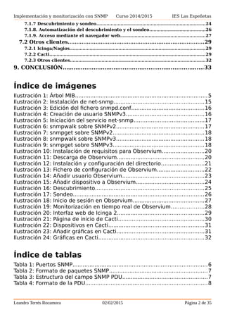 Implementación y monitorización con SNMP Curso 2014/2015 IES Las Espeñetas
7.1.7 Descubrimiento y sondeo............................................................................24
7.1.8. Automatización del descubrimiento y el sondeo.......................................26
7.1.9. Acceso mediante el navegador web...........................................................27
7.2 Otros clientes..............................................................................29
7.2.1 Icinga/Nagios..............................................................................................29
7.2.2 Cacti............................................................................................................29
7.2.3 Otros clientes..............................................................................................32
9. CONCLUSIÓN.............................................................................33
Índice de imágenes
Ilustración 1: Árbol MIB..............................................................................5
Ilustración 2: Instalación de net-snmp.....................................................15
Ilustración 3: Edición del fichero snmpd.conf...........................................16
Ilustración 4: Creación de usuario SNMPv3..............................................16
Ilustración 5: Iniciación del servicio net-snmp.........................................17
Ilustración 6: snmpwalk sobre SNMPv2....................................................17
Ilustración 7: snmpget sobre SNMPv2......................................................18
Ilustración 8: snmpwalk sobre SNMPv3....................................................18
Ilustración 9: snmpget sobre SNMPv3......................................................18
Ilustración 10: Instalación de requisitos para Observium.........................20
Ilustración 11: Descarga de Observium...................................................20
Ilustración 12: Instalación y configuración del directorio.........................21
Ilustración 13: Fichero de configuración de Observium............................22
Ilustración 14: Añadir usuario Observium................................................23
Ilustración 15: Añadir dispositivo a Observium........................................24
Ilustración 16: Descubrimiento................................................................25
Ilustración 17: Sondeo.............................................................................26
Ilustración 18: Inicio de sesión en Observium..........................................27
Ilustración 19: Monitorización en tiempo real de Observium...................28
Ilustración 20: Interfaz web de Icinga 2...................................................29
Ilustración 21: Página de inicio de Cacti..................................................30
Ilustración 22: Dispositivos en Cacti........................................................31
Ilustración 23: Añadir gráficas en Cacti...................................................31
Ilustración 24: Gráficas en Cacti..............................................................32
Índice de tablas
Tabla 1: Puertos SNMP...............................................................................6
Tabla 2: Formato de paquetes SNMP..........................................................7
Tabla 3: Estructura del campo SNMP PDU..................................................7
Tabla 4: Formato de la PDU........................................................................8
Leandro Terrés Rocamora 02/02/2015 Página 2 de 35
 