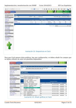 Implementación y monitorización con SNMP Curso 2014/2015 IES Las Espeñetas
Para que Cacti genere éstas gráficas, hay que configurarlas, se deben añadir los campos que
se deben rellenar de entre las plantillas disponibles.
Leandro Terrés Rocamora 02/02/2015 Página 31 de 35
Ilustración 22: Dispositivos en Cacti
Ilustración 23: Añadir gráficas en Cacti
 