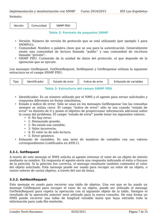 Implementación y monitorización con SNMP Curso 2014/2015 IES Las Espeñetas
Los paquetes utilizados para enviar consultas y respuestas SNMP poseen el siguiente
formato:
Versión Comunidad SNMP PDU
Tabla 2: Formato de paquetes SNMP
• Versión: Número de versión de protocolo que se está utilizando (por ejemplo 1 para
SNMPv1);
• Comunidad: Nombre o palabra clave que se usa para la autenticación. Generalmente
existe una comunidad de lectura llamada "public" y una comunidad de escritura
llamada "private";
• SNMP PDU: Contenido de la unidad de datos del protocolo, el que depende de la
operación que se ejecute.
Los mensajes GetRequest, GetNextRequest, SetRequest y GetResponse utilizan la siguiente
estructura en el campo SNMP PDU:
Tipo Identificador Estado de error Índice de error Enlazado de variables
Tabla 3: Estructura del campo SNMP PDU
• Identificador: Es un número utilizado por el NMS y el agente para enviar solicitudes y
respuesta diferentes en forma simultánea;
• Estado e índice de error: Sólo se usan en los mensajes GetResponse´(en las consultas
siempre se utiliza cero). El campo "índice de error" sólo se usa cuando "estado de
error" es distinto de 0 y posee el objetivo de proporcionar información adicional sobre
la causa del problema. El campo "estado de error" puede tener los siguientes valores:
• 0: No hay error;
• 1: Demasiado grande;
• 2: No existe esa variable;
• 3: Valor incorrecto;
• 4: El valor es de solo lectura;
• 5: Error genérico.
• Enlazado de variables: Es una serie de nombres de variables con sus valores
correspondientes (codificados en ASN.1).
3.3.1. GetRequest
A través de este mensaje el NMS solicita al agente retornar el valor de un objeto de interés
mediante su nombre. En respuesta el agente envía una respuesta indicando el éxito o fracaso
de la petición. Si la petición fue correcta, el mensaje resultante también contendrá el valor
del objeto solicitado. Este mensaje puede ser usado para recoger un valor de un objeto, o
varios valores de varios objetos, a través del uso de listas.
3.3.2. GetNextRequest
Este mensaje es usado para recorrer una tabla de objetos. Una vez que se ha usado un
mensaje GetRequest para recoger el valor de un objeto, puede ser utilizado el mensaje
GetNextRequest para repetir la operación con el siguiente objeto de la tabla. Siempre el
resultado de la operación anterior será utilizado para la nueva consulta. De esta forma un
NMS puede recorrer una tabla de longitud variable hasta que haya extraído toda la
Leandro Terrés Rocamora 02/02/2015 Página 7 de 35
 