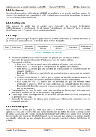 Implementación y monitorización con SNMP Curso 2014/2015 IES Las Espeñetas
información para cada fila existente.
3.3.3. SetRequest
Este tipo de mensaje es utilizado por el NMS para solicitar a un agente modificar valores de
objetos. Para realizar esta operación el NMS envía al agente una lista de nombres de objetos
con sus correspondientes valores.
3.3.4. GetResponse
Este mensaje es usado por el agente para responder un mensaje GetRequest,
GetNextRequest, o SetRequest. En el campo "Identificador de Request" lleva el mismo
identificador que el "request" al que está respondiendo.
3.3.5. Trap
Una trap es generado por el agente para reportar ciertas condiciones y cambios de estado a
un proceso de administración. El formato de la PDU es diferente:
Tipo Enterprise
Dirección
del agente
Tipo genérico
de trap
Tipo específico
de trap
Timestamp
Enlazado de
variables
Tabla 4: Formato de la PDU
• Enterprise: Identificación del subsistema de gestión que ha emitido el trap;
• Dirección del agente: Dirección IP del agente que ha emitido el trap;
• Tipo genérico de trap:
• Cold start (0): Indica que el agente ha sido inicializado o reinicializado;
• Warm start (1): Indica que la configuración del agente ha cambiado;
• Link down (2): Indica que una interfaz de comunicación se encuentra fuera de
servicio (inactiva);
• Link up (3): Indica que una interfaz de comunicación se encuentra en servicio
(activa);
• Authentication failure (4): Indica que el agente ha recibido un requerimiento de
un NMS no autorizado (normalmente controlado por una comunidad);
• EGP neighbor loss (5): Indica que en sistemas en que los routers están
utilizando el protocolo EGP, un equipo colindante se encuentra fuera de servicio;
• Enterprise (6): En esta categoría se encuentran todos los nuevos traps incluidos
por los vendedores.
• Tipo específico de trap: Es usado para traps privados (de fabricantes), así como para
precisar la información de un determinado trap genérico;
• Timestamp: Indica el tiempo que ha transcurrido entre la reinicialización del agente y
la generación del trap;
• Enlazado de variables: Se utiliza para proporcionar información adicional sobre la
causa del mensaje.
3.3.6. GetBulkRequest
Este mensaje es usado por un NMS que utiliza la versión 2 ó 3 del protocolo SNMP
típicamente cuando es requerida una larga transmisión de datos, tal como la recuperación
de largas tablas. En este sentido es similar al mensaje GetNextRequest usado en la versión 1
del protocolo, sin embargo, GetBulkRequest es un mensaje que implica un método mucho
más rápido y eficiente, ya que a través de un solo mensaje es posible solicitar la totalidad de
Leandro Terrés Rocamora 02/02/2015 Página 8 de 35
 