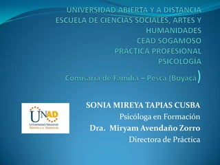 SONIA MIREYA TAPIAS CUSBA
Psicóloga en Formación
Dra. Miryam Avendaño Zorro
Directora de Práctica
 