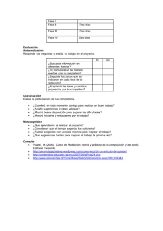 Fase I 
Fase II 
Tres días 
Fase III 
Tres días 
Fase IV 
Dos días 
Evaluación 
Autoevaluación 
Responde las preguntas y evalúa tu trabajo en el proyecto. 
Sí No 
¿Buscaste información en 
diferentes fuentes? 
¿Te comunicaste de manera 
asertiva con tu compañero? 
¿Seguiste los pasos que se 
indicaron en cada fase de la 
redacción? 
¿Aceptaste las ideas y cambios 
propuestos por tu compañero? 
Coevaluación 
Evalúa la participación de tus compañeros. 
 ¿Coordinó en todo momento contigo para realizar un buen trabajo? 
 ¿Aportó sugerencias e ideas valiosas? 
 ¿Mostró buena disposición para superar las dificultades? 
 ¿Mostró iniciativa y entusiasmo por el trabajo? 
Metacognición 
 ¿Qué aprendieron al realizar el proyecto? 
 ¿Consideran que el tiempo sugerido fue suficiente? 
 ¿Fueron exigentes con ustedes mismos para mejorar el trabajo? 
 ¿Qué sugerencias harían para mejorar el trabajo la próxima vez? 
Consulta 
 Vivaldi, M. (2000). Curso de Redacción: teoría y práctica de la composición y del estilo. 
Editorial Paraninfo. 
 http://aixerrotagaztelania.wordpress.com/como-escribir-un-articulo-de-opinion/ 
 http://contenidos.educarex.es/mci/2007/35/ejPr/ej21.php 
 http://www.educarchile.cl/Portal.Base/Web/VerContenido.aspx?ID=133343 
