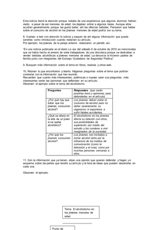 Esta noticia llamó la atención porque trataba de una experiencia que algunos alumnos habían 
vivido: a pesar de ser menores de edad, los dejaban entrar a algunos bares. Aunque ellos 
acudían generalmente porque les gusta bailar, ahí les ofrecían bebidas. Pensaron que hablar 
sobre el consumo de alcohol en los jóvenes menores de edad podría ser su tema. 
8. Vuelvan a leer con atención la noticia y saquen de ahí alguna información que pueda 
servirles como introducción cuando redacten su artículo. 
Por ejemplo, los jóvenes de la pareja anterior, redactaron un párrafo así: 
“En una noticia publicada en el diario La voz del sábado 6 de octubre de 2010 se mencionaba 
que se había hecho el arresto de siete trabajadores de una discoteca porque se dedicaban a 
vender bebidas alcohólicas a jóvenes menores de edad. La denuncia la hicieron padres de 
familia junto con integrantes del Consejo Ciudadano de Seguridad Pública”. 
9. Busquen más información sobre el tema en libros, revistas y sitios web. 
10. Reúnan lo que encontraron y léanlo. Háganse preguntas sobre el tema que podrían 
contestar con la información que han reunido. 
Recuerden que cuanto más interesantes, polémicas o nuevas sean sus preguntas, más 
interesantes serán las opiniones que defiendan en su artículo. 
Observen el ejemplo sobre el tema del alcoholismo. 
Preguntas Respuestas (que serán 
posibles tesis u opiniones para 
defenderlas en el artículo) 
¿Por qué hay que 
evitar que los 
jóvenes consuman 
alcohol? 
Los jóvenes deben evitar el 
consumo de alcohol para no 
dañar severamente su 
organismo ni exponerse a 
sufrir fatales accidentes. 
¿Qué se altera en 
la vida de un joven 
si se vuelve 
alcohólico? 
El alcoholismo en los jóvenes 
afecta su relación con otros, 
sus posibilidades de 
superación por medio del 
estudio y los condena a vivir 
marginados de la sociedad. 
¿Por qué los 
jóvenes consumen 
alcohol? 
Los jóvenes son incitados a 
tomar alcohol tanto por la 
influencia de los medios de 
comunicación (como la 
televisión y el cine), como por 
muchas personas cercanas a 
ellos. 
11. Con la información que ya tienen, elijan una opinión que quieran defender y hagan un 
esquema sobre las partes que tendrá su artículo y la lista de ideas que pueden desarrollar en 
cada una. 
Observen el ejemplo: 
Tema: El alcoholismo en 
los jóvenes menores de 
edad. 
Punto de 
 