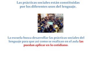 Las prácticas sociales están constituidas
por los diferentes usos del lenguaje.
La escuela busca desarrollar las prácticas sociales del
lenguaje para que así como se realizan en el aula las
puedan aplicar en lo cotidiano.
 