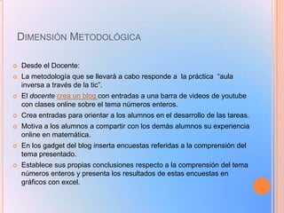 DIMENSIÓN METODOLÓGICA


Desde el Docente:



La metodología que se llevará a cabo responde a la práctica “aula
inversa a través de la tic”.



El docente crea un blog con entradas a una barra de videos de youtube
con clases online sobre el tema números enteros.



Crea entradas para orientar a los alumnos en el desarrollo de las tareas.



Motiva a los alumnos a compartir con los demás alumnos su experiencia
online en matemática.



En los gadget del blog inserta encuestas referidas a la comprensión del
tema presentado.



Establece sus propias conclusiones respecto a la comprensión del tema
números enteros y presenta los resultados de estas encuestas en
gráficos con excel.

 