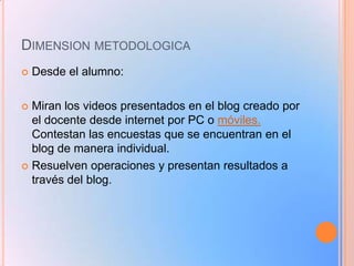 DIMENSION METODOLOGICA


Desde el alumno:

Miran los videos presentados en el blog creado por
el docente desde internet por PC o móviles.
Contestan las encuestas que se encuentran en el
blog de manera individual.
 Resuelven operaciones y presentan resultados a
través del blog.


 