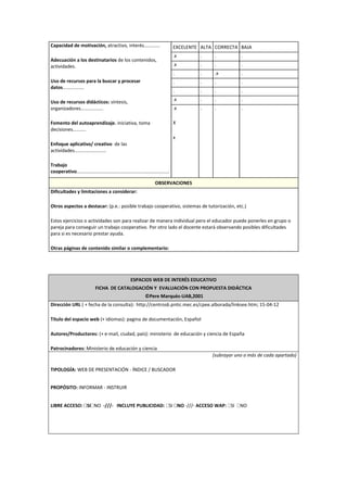 Capacidad de motivación, atractivo, interés............
Adecuación a los destinatarios de los contenidos,
actividades.
Uso de recursos para la buscar y procesar
datos................
Uso de recursos didácticos: síntesis,
organizadores.................
Fomento del autoaprendizaje. iniciativa, toma
decisiones..........
Enfoque aplicativo/ creativo de las
actividades........................
Trabajo
cooperativo......................................................................
EXCELENTE ALTA CORRECTA BAJA
.x . . .
.x . . .
. . .x .
. . . .
. . . .
.x . . .
.x
X
x
. . .
OBSERVACIONES
Dificultades y limitaciones a considerar:
Otros aspectos a destacar: (p.e.: posible trabajo cooperativo, sistemas de tutorización, etc.)
Estos ejercicios o actividades son para realizar de manera individual pero el educador puede ponerles en grupo o
pareja para conseguir un trabajo cooperativo. Por otro lado el docente estará observando posibles dificultades
para si es necesario prestar ayuda.
Otras páginas de contenido similar o complementario:
ESPACIOS WEB DE INTERÉS EDUCATIVO
FICHA DE CATALOGACIÓN Y EVALUACIÓN CON PROPUESTA DIDÁCTICA
©Pere Marquès-UAB,2001
Dirección URL ( + fecha de la consulta): http://centros6.pntic.mec.es/cpee.alborada/linksee.htm; 15-04-12
Título del espacio web (+ idiomas): pagina de documentación, Español
Autores/Productores: (+ e-mail, ciudad, país): ministerio de educación y ciencia de España
Patrocinadores: Ministerio de educación y ciencia
(subrayar uno o más de cada apartado)
TIPOLOGÍA: WEB DE PRESENTACIÓN - ÍNDICE / BUSCADOR
PROPÓSITO: INFORMAR - INSTRUIR
LIBRE ACCESO: SI NO -///- INCLUYE PUBLICIDAD: SI NO -///- ACCESO WAP: SI NO
 