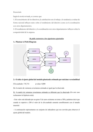 Enunciado
Según la teoría revisada, se conoce que:
1. El conocimiento de los directivos, la satisfacción con el trabajo y la tendencia a evaluar de
forma racional influyen tanto sobre el rendimiento del directivo como en la coordinación
con otros departamentos.
2. El rendimiento del directivo y la coordinación con otros departamentos influyen sobre la
competitividad de la empresa.
Se pide contestar a los siguientes apartados
1.- Plantear el Path Diagram
2.- Evalúe el ajuste global del modelo planteado estimado por máxima verosimilitud
Chi-cuadrado: 176,714 p-value: 0,000
Ho: la matriz de varianzas covarianzas estimada es igual que la observada
H1: la matriz de varianzas covarianzas estimada es diferente que la observada (En este caso
rechazamos la hipótesis nula)
- Este valor está afectado por un gran nº de casos existentes en torno a 500 y podemos decir que
cuando es superior a 200 el valor de la chi-cuadrado aumenta sensiblemente con el tamaño
muestral.
- A continuación representamos un conjunto de indicadores que nos servirán para observar el
ajuste global del modelo.
 