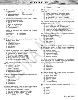 Prof. José Ch. P.
e) refresco
29. Seleccione la opción en la cual el acento cumple la
función distintiva
a) Volvió preocupado d) Encontró la llave.
b) Lustre los zapatos. e) Corrieron juntos.
c) Escribió muy bien.
30. Seleccione la alternativa en la que el acento y el tono
cumplen la función distintiva
a) Se cancelaron las deudas.
b) Ellos lo lograron.
c) María, te sigo esperando.
d) ¿Te presentó a Juan?
e) ¿Estudiaste todo?
31. Marque la alternativa que presenta más vocales
posteriores
a) contubernio b) embaucador
c) locución d) taumatúrgico
e) solucionario
32. En qué opción evidenciamos la relación semántica de
antonimia lexical propia.
a) injuriar/alabar
b) relevante/irrelevante
c) cóncavo/convexo
d) bueno/malo
e) basto/vasto
33. Señale la alternativa cuyas palabras subrayadas
evidencian función distintiva entre fonemas palatales
a) Sebastián le dio la mano al mono.
b) El paciente dejó la gasa en la casa.
c) Corro con gorro porque hace calor.
d) El niño se acercó con temor al nicho.
e) El mudo no pudo comunicarse.
34.- Las palabras formadas por el proceso de composición
son (2014 – I)
a) marinero y parrillada.
b) mármol y cazador.
c) belleza y casillero.
d) camposanto y abrelatas.
e) hablante y ciudadano.
35.- Marque la palabra que se ha formado por un proceso
de parasíntesis. (2014 – I)
a) Bocacalle
b) Submarino
c) Desagradable
d) Ropavejero
e) Guardarropa
36.- Señale la alternativa donde las palabras subrayadas
están en relación de hipónimo a hiperónimo. (2014 – I)
a) Ella se golpeó con el pedal y el timón.
b) Juan comprará este escritorio y ese sillón.
c) De todos los felinos, prefiero a los gatos.
d) Visite Loreto cuando esté en el Perú.
e) El lunes fue un buen día para mí.
37.- Señale la oración que posee significado connotativo.
(2014 – II)
a) El avión aterrizó a las 12 del día en punto.
b) Elsa bajó de la azotea sin disimulo alguno.
c) José cerró la puerta con mucho cuidado.
d) A pesar de todo, sacó cara por su esposa.
e) El albañil usó solo madera para construir la casa.
38.- Señale la alternativa en la que se expresa significado
denotativo. (2014 – II)
a) Las chompas volaron porque eran baratas.
b) Juana se moría de risa con esa broma.
c) Ayer caminamos apresuradamente por el parque.
d) El futuro de tus hijos está en tus manos.
e) Estela fue mi brazo derecho por mucho tiempo.
39.- La palabra “portamonedero” ha sido formada mediante
el proceso morfológico de (2014 – II)
a) Parasíntesis
b) Composición
c) Derivación
d) Acortamiento
e) Acronimia
40.- En los enunciados “no le di importancia a sus palabras”
y “ante el juez, siempre di toda la verdad”, las palabras
subrayadas se hallan en relación semántica de (2014 – II)
a) antonimia propia.
b) homonimia paradigmática.
c) homonimia absoluta.
d) antonimia gramatical.
e) antonimia recíproca
41.- En el enunciado “las manzanas y las naranjas son
frutas deliciosas”, las palabras subrayadas establecen
entre sí una relación semántica de (2015 –I)
a) sinonimia.
b) antonimia.
c) cohiponimia.
d) homonimia.
e) polisemia.
42.- Marque la serie que contiene las tres palabras con
consonantes bilabiales. (2015 –I)
a) Balde, mesa, fólder
b) Bala, lápiz, mano
c) Pato, uva, casaca
d) Auto, bota, peso
e) Libro, piso, gancho
43.- La lengua oficial de un país tiene el estatus de (2015 –
I)
a) dialecto.
b) habla.
c) idioma.
d) lenguaje.
e) jerga.
 
