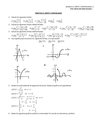 PRÁCTICO 4: LÍMITE Y CONTINUIDAD<br />Calcula los siguientes límites<br />a)limx⟶3x+1x-2      b)limx⟶3x-3x+3     c)limx⟶3x2+3x-3     d)limx->01x     e)limx->0x5<br />Calcula los siguientes límites indeterminados<br />a)limx->5x2-13x+40x2-21x+80      b)limx->3x2-9x-3     c)limx->7x2-16x+63x2-7x      d)limx->-5x2+3x-10x2-25     e)limx->8x2-18x+80x2-19x+88<br />Calcula los siguientes límites indeterminados<br />a)limx->∞3x2+2x+1x2-1     b)limx->∞2x3-2x2+72x2+7x+1     c)limx->∞6x2+9x-123x2+3x+3    d)limx->∞x11+12x7-4x3+3x12-1<br />Usa la gráfica para encontrar los  siguientes límites, si es que existen<br />limx->1+f(x)      limx->1-f(x)      limx->1f(x)<br />Analiza la continuidad de las siguientes funciones. Realiza la gráfica correspondiente <br />a)fx=x2x+1   en  x=1<br />b)fx=x-1x2     en    x=0<br />c)fx=2x+1      si  x<-1 -2           si  x≥-1   en   x =-1<br />d)fx=x2-14       si    x<121x-4        si  x>  12          1               si    x=12<br />Dados los siguientes gráficos analizar la continuidad. En caso de ser discontinua, clasificar<br />Calcula analíticamente las ecuaciones de las asíntotas de las siguientes funciones<br />a)fx=x4-9x2x3-4x      b)fx=x+1x-1     c)fx=x2+1x2<br />Una empresa textil ha considerado que si su producción no supera los 100 metros semanales, su costo es de 300 + 6x, donde x indica la cantidad producida. En cambio, si x es mayor que 100, deben comprar más máquinas y refaccionar el lugar, por lo tanto, el costo aumentará y está dado por 600 + 5x<br />Grafica la función costo C(x) si 0≤x≤200<br />Analiza la continuidad de la función<br />