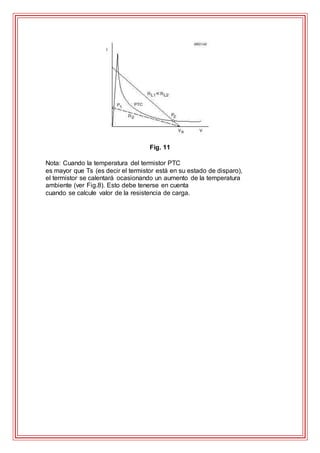 Fig. 11
Nota: Cuando la temperatura del termistor PTC
es mayor que Ts (es decir el termistor está en su estado de disparo),
el termistor se calentará ocasionando un aumento de la temperatura
ambiente (ver Fig.8). Esto debe tenerse en cuenta
cuando se calcule valor de la resistencia de carga.
 
