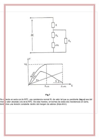 Fig.7
Se conecta en serie con la NTC, una resistencia normal R1 de valor tal que su pendiente (tag a) sea del
mismo valor absoluto a la de la NTC. De esta manera, en bornes de estas dos resistencias en serie,
tendremos una tensión constante dentro del margen de valores (Imáx-Imín).
 