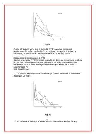 Fig. 9
Puede por lo tanto verse que el termistor PTC tiene unas excelentes
propiedades de protección, limitando la corriente de carga si el voltaje de
suministro, la temperatura o la corriente excede de un valor crítico.
Restablecer la resistencia de la PTC
Cuando el termistor PTC thermistor conmuta, es decir, su temperatura se eleva
por encima de la temperatura de conmutación Ts, solamente puede volver
desde P2 a P1 si la línea de carga se encuentra por debajo de la curva
característica I/V.
Esto significa que:
1. O la tensión de alimentación Va disminuye (siendo constante la resistencia
de carga); ver Fig.10
Fig. 10
o
2. La resistencia de carga aumenta (siendo constante el voltaje); ver Fig.11.
 