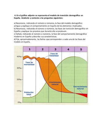4. En el gráfico adjunto se representa el modelo de transición demográfica en
España. Analícelo y conteste a las preguntas siguientes:
a) Reconozca, indicando el número o números, la fase del modelo demográfico
antiguo y explique el comportamiento en España de los elementos implicados.
b) Reconozca, indicando el número o números, las fases de transición demográfica en
España y explique los procesos que durante ella se producen.
c) Señale, indicando el número o números, la fase del comportamiento demográfico
moderno en España y describa sus características.
d) Fije, aproximadamente, las fechas que corresponden a cada una de las fases del
modelo en España.
 