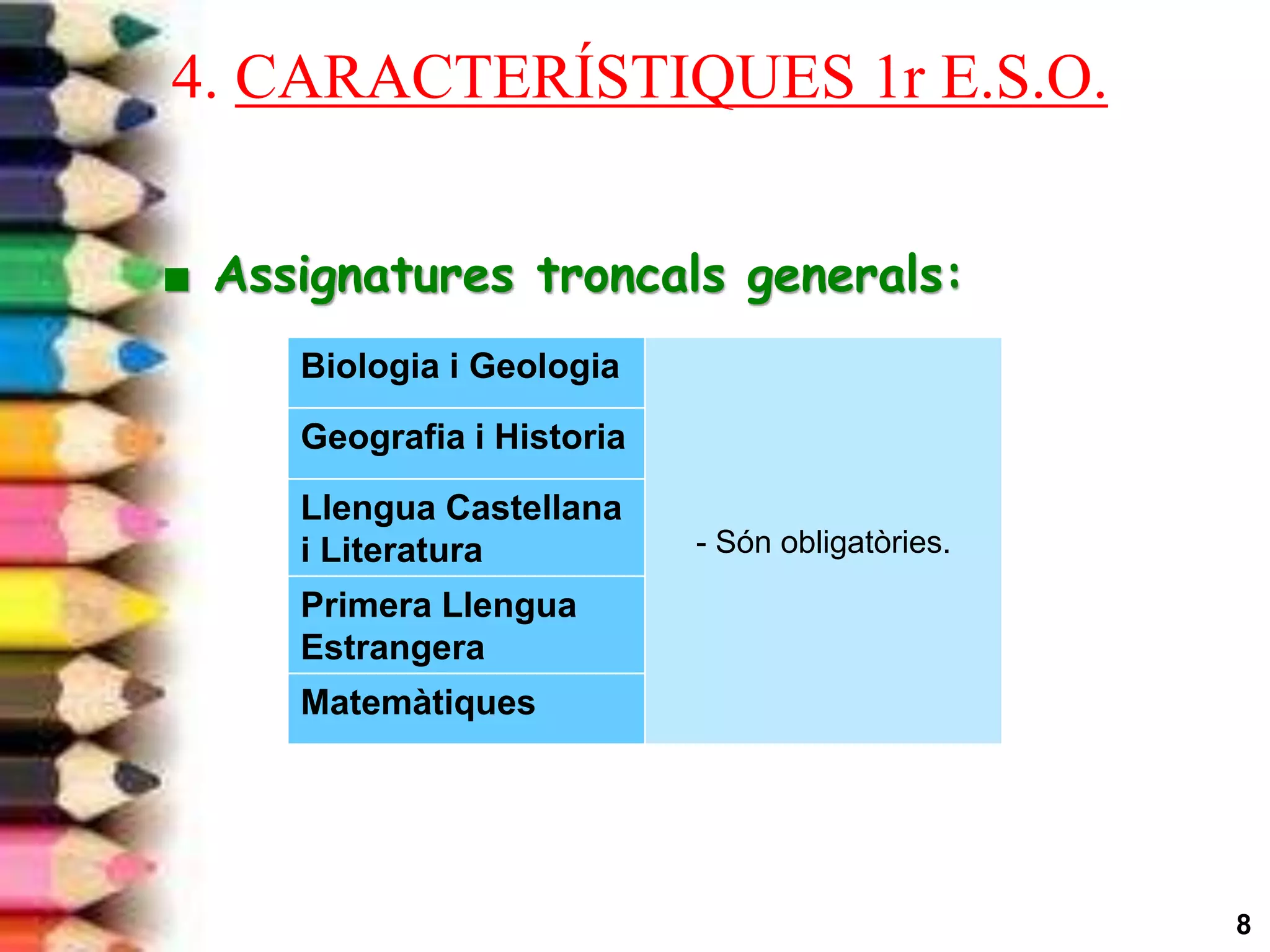 8
■ Assignatures troncals generals:
4. CARACTERÍSTIQUES 1r E.S.O.
Biologia i Geologia
- Són obligatòries.
Geografia i Historia
Llengua Castellana
i Literatura
Primera Llengua
Estrangera
Matemàtiques
 