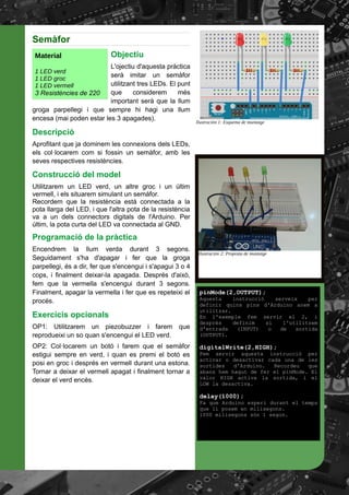Semàfor
Objectiu
L'ojectiu d'aquesta pràctica
serà imitar un semàfor
utilitzant tres LEDs. El punt
que considerem més
important serà que la llum
groga parpellegi i que sempre hi hagi una llum
encesa (mai poden estar les 3 apagades).
Descripció
Aprofitant que ja dominem les connexions dels LEDs,
els col·locarem com si fossin un semàfor, amb les
seves respectives resistències.
Construcció del model
Utilitzarem un LED verd, un altre groc i un últim
vermell, i els situarem simulant un semàfor.
Recordem que la resistència està connectada a la
pota llarga del LED, i que l'altra pota de la resistència
va a un dels connectors digitals de l'Arduino. Per
últim, la pota curta del LED va connectada al GND.
Programació de la pràctica
Encendrem la llum verda durant 3 segons.
Seguidament s'ha d'apagar i fer que la groga
parpellegi, és a dir, fer que s'encengui i s'apagui 3 o 4
cops, i finalment deixar-la apagada. Després d'això,
fem que la vermella s'encengui durant 3 segons.
Finalment, apagar la vermella i fer que es repeteixi el
procés.
Exercicis opcionals
OP1: Utilitzarem un piezobuzzer i farem que
reprodueixi un so quan s'encengui el LED verd.
OP2: Col·locarem un botó i farem que el semàfor
estigui sempre en verd, i quan es premi el botó es
posi en groc i després en vermell durant una estona.
Tornar a deixar el vermell apagat i finalment tornar a
deixar el verd encès.
Ilustración 1: Esquema de muntatge
Ilustración 2: Proposta de muntatge
pinMode(2,OUTPUT);
Aquesta instrucció serveix per
definir quins pins d'Arduino anem a
utilitzar.
En l'exemple fem servir el 2, i
després definim si l'utilitzem
d'entrada (INPUT) o de sortida
(OUTPUT).
digitalWrite(2,HIGH);
Fem servir aquesta instrucció per
activar o desactivar cada una de les
sortides d'Arduino. Recordeu que
abans hem hagut de fer el pinMode. El
valor HIGH activa la sortida, i el
LOW la desactiva.
delay(1000);
Fa que Arduino esperi durant el temps
que li posem en milisegons.
1000 milisegons són 1 segon.
Material
1 LED verd
1 LED groc
1 LED vermell
3 Resistències de 220
 
