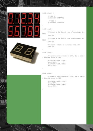 void setup() {
// LED 1
pinMode(8, OUTPUT);
// LED 2
pinMode(9, OUTPUT);
}
void loop() {
//cridem a la funció que s'encarrega del
LED1
led1();
//cridem a la funció que s'encarrega del
LED2
led2();
//tornem a cridar a la funció del LED1
led1();
}
void led1() {
//aquesta funció encén el LED1, fa un delay
i després apaga el LED
digitalWrite(8, HIGH);
delay(500);
digitalWrite(8, LOW);
delay(500);
}
void led2() {
//aquesta funció encén el LED2, fa un delay
i després apaga el LED
digitalWrite(9, HIGH);
delay(500);
digitalWrite(9, LOW);
delay(500);
}
- 6 -
 