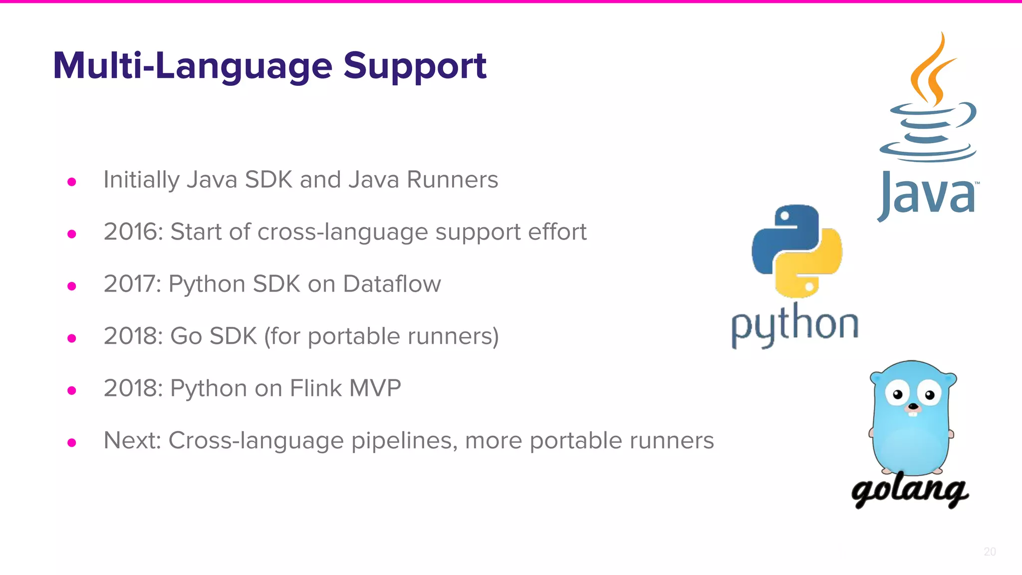 20
Multi-Language Support
● Initially Java SDK and Java Runners
● 2016: Start of cross-language support effort
● 2017: Python SDK on Dataflow
● 2018: Go SDK (for portable runners)
● 2018: Python on Flink MVP
● Next: Cross-language pipelines, more portable runners
 