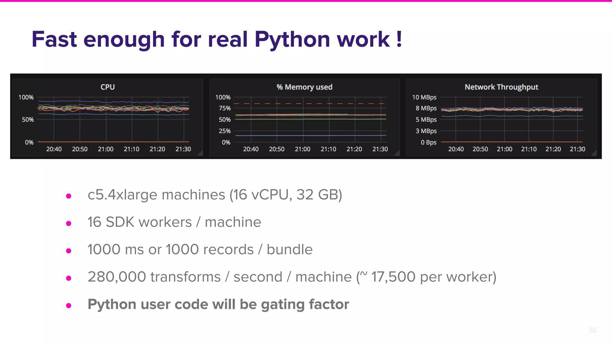 30
Fast enough for real Python work !
● c5.4xlarge machines (16 vCPU, 32 GB)
● 16 SDK workers / machine
● 1000 ms or 1000 records / bundle
● 280,000 transforms / second / machine (~ 17,500 per worker)
● Python user code will be gating factor
 
