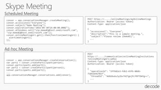 conver = app.conversationsManager.createMeeting();
conver.accessLevel("Everyone");
conver.subject("Demo Meeting");
conver.expirationTime("2016-04-30T14:00:00.000Z");
conver.attendees.set(["sip:demo01@test.onmicrosoft.com",
"sip:demo02@test.onmicrosoft.com"]);
conver.onlineMeetingUri.get().then(function(meetingUri) {
alert(meetingUri);
});
POST https://...../onlineMeetings/myOnlineMeetings
Authorization: Bearer {access token}
Content-Type: application/json
{
"accessLevel": "Everyone",
"description":"This is a sample meeting.",
"subject":"Please review (Demo01)",
...
}
conver = app.conversationsManager.createConversation();
var part1 = conver.createParticipant(person);
conver.participants.add(part1);
var part2 = conver.createParticipant(person2);
conver.participants.add(part2);
...
app.conversationsManager.conversations.add(conver);
POST
https://...../communication/onlineMeetingInvitations
?onlineMeetingUri=adhoc
Content-Type: application/json
Authorization: Bearer {access token}
{
"operationId": "2ffb82e3-fdb2-43fb-80d6-
75892b96701f",
"threadId": "AdGUbu6uJy2bv7AITgejPcfRPTOmYg==",
...
}
 