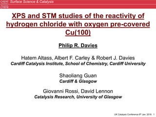 UK Catalysis Conference 8th Jan. 2016 1
Surface Science & Catalysis
XPS and STM studies of the reactivity of
hydrogen chloride with oxygen pre-covered
Cu(100)
Philip R. Davies
Hatem Altass, Albert F. Carley & Robert J. Davies
Cardiff Catalysis Institute, School of Chemistry, Cardiff University
Shaoliang Guan
Cardiff & Glasgow
Giovanni Rossi, David Lennon
Catalysis Research, University of Glasgow
 