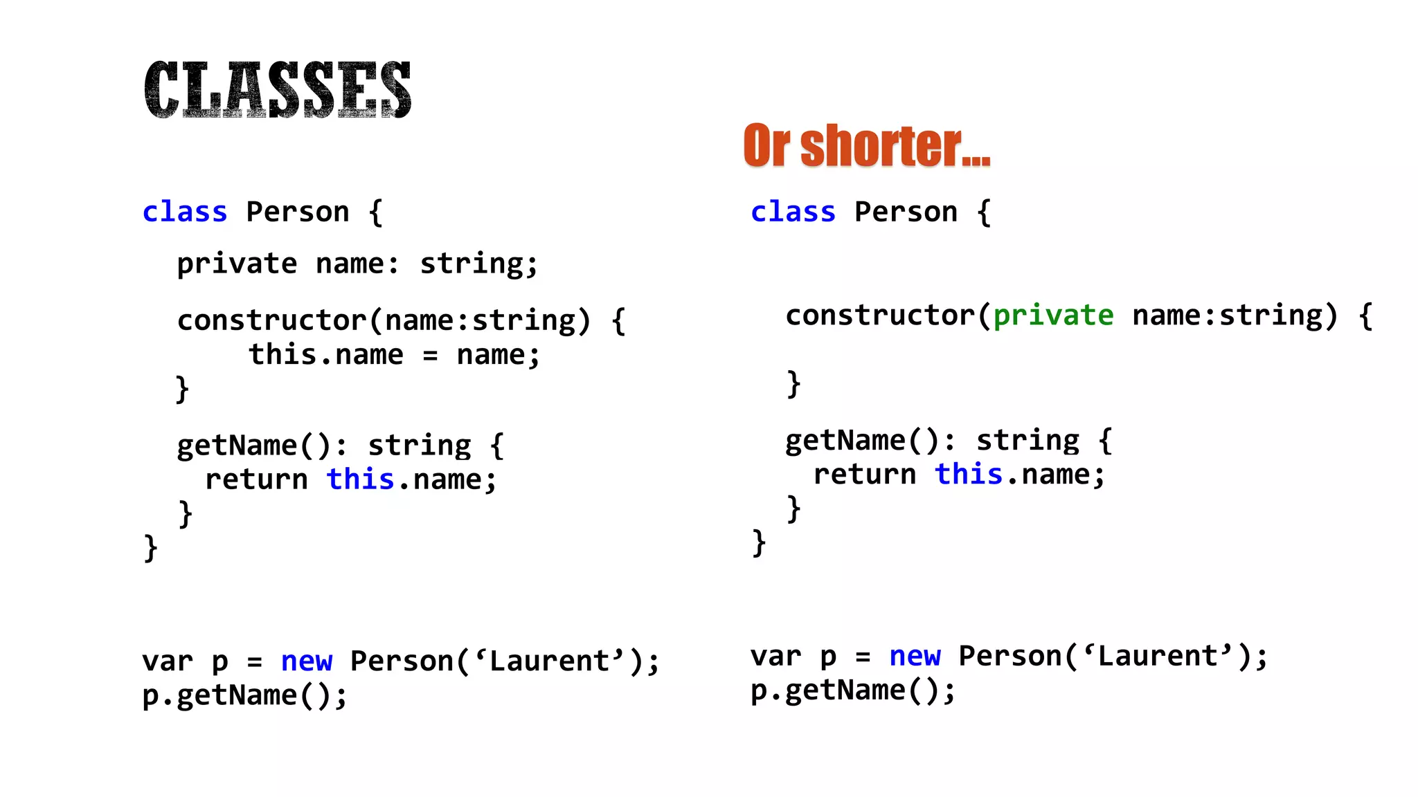 class Person { private name: string; constructor(name:string) { this.name = name; } getName(): string { return this.name; } } var p = new Person(‘Laurent’); p.getName(); class Person { constructor(private name:string) { } getName(): string { return this.name; } } var p = new Person(‘Laurent’); p.getName(); Or shorter… 