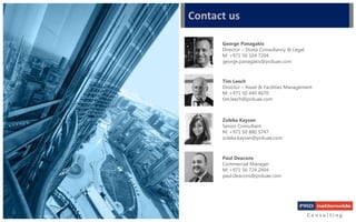 C o n s u l t i n g
George Panagakis
Director – Strata Consultancy & Legal
M: +971 50 104 7204
george.panagakis@prduae.com
Tim Leech
Director – Asset & Facilities Management
M: +971 50 440 4670
tim.leech@prduae.com
Zuleka Kaysan
Senior Consultant
M: +971 50 880 5747
zuleka.kaysan@prduae.com
Contact us
Paul Deacons
Commercial Manager
M: +971 56 724 2404
paul.deacons@prduae.com
 