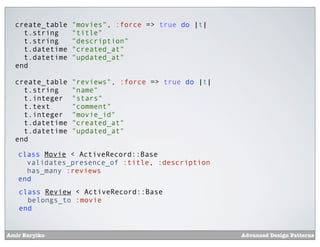 create_table   "movies", :force => true do |t|
    t.string     "title"
    t.string     "description"
    t.datetime   "created_at"
    t.datetime   "updated_at"
  end

  create_table   "reviews", :force => true do |t|
    t.string     "name"
    t.integer    "stars"
    t.text       "comment"
    t.integer    "movie_id"
    t.datetime   "created_at"
    t.datetime   "updated_at"
  end

   class Movie < ActiveRecord::Base
     validates_presence_of :title, :description
     has_many :reviews
   end
   class Review < ActiveRecord::Base
     belongs_to :movie
   end


Amir Barylko                                        Advanced Design Patterns
 