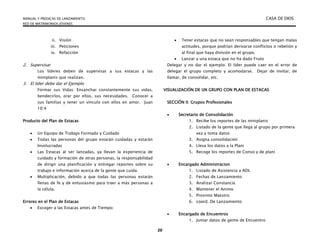 MANUAL Y PREDICAS DE LANZAMIENTO CASA DE DIOS
RED DE MATRIMONIOS JÓVENES
20
ii. Visión
iii. Peticiones
iv. Refacción
2. Supervisar
Los líderes deben de supervisar a sus estacas y las
miniplanis que realizan.
3. El líder debe dar el Ejemplo
Formar sus Vidas: Ensanchar constantemente sus vidas,
bendecirlos, orar por ellos, sus necesidades. Conocer a
sus familias y tener un vínculo con ellos en amor. Juan
10:4
Producto del Plan de Estacas
 Un Equipo de Trabajo Formado y Cuidado
 Todas las personas del grupo estarán cuidadas y estarán
Involucradas
 Las Estacas al ser lanzadas, ya llevan la experiencia de
cuidado y formación de otras personas, la responsabilidad
de dirigir una planificación y entregar reportes sobre su
trabajo e información acerca de la gente que cuida.
 Multiplicación, debido a que todas las personas estarán
llenas de fe y de entusiasmo para traer a más personas a
la célula.
Errores en el Plan de Estacas
 Escoger a las Estacas antes de Tiempo:
 Tener estacas que no sean responsables que tengan malas
actitudes, porque podrían derivarse conflictos o rebelión y
al final que haya división en el grupo.
 Lanzar a una estaca que no ha dado Fruto
Delegar y no dar el ejemplo: El líder puede caer en el error de
delegar el grupo completo y acomodarse. Dejar de invitar, de
llamar, de consolidar, etc.
VISUALIZACIÓN DE UN GRUPO CON PLAN DE ESTACAS
SECCIÓN II: Grupos Profesionales
 Secretario de Consolidación
1. Recibe los reportes de las miniplanis
2. Listado de la gente que llega al grupo por primera
vez y toma datos
3. Asigna consolidación
4. Lleva los datos a la Plani
5. Recoge los reportes de Conso y de plani
 Encargado Administracion
1. Listado de Asistencia a ADL
2. Fechas de Lanzamiento
3. Analizar Constancia
4. Mantener el Animo
5. Proximo Maestro
6. coord. De Lanzamiento
 Encargado de Encuentros
1. Juntar datos de gente de Encuentro
 