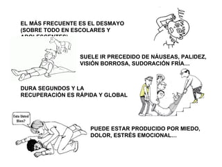 EL MÁS FRECUENTE ES EL DESMAYO (SOBRE TODO EN ESCOLARES Y ADOLESCENTES) PUEDE ESTAR PRODUCIDO POR MIEDO, DOLOR, ESTRÉS EMOCIONAL… DURA SEGUNDOS Y LA RECUPERACIÓN ES RÁPIDA Y GLOBAL SUELE IR PRECEDIDO DE NÁUSEAS, PALIDEZ, VISIÓN BORROSA, SUDORACIÓN FRÍA…