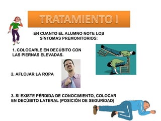 EN CUANTO EL ALUMNO NOTE LOS SÍNTOMAS PREMONITORIOS: 1. COLOCARLE EN DECÚBITO CON LAS PIERNAS ELEVADAS. 2. AFLOJAR LA ROPA 3. SI EXISTE PÉRDIDA DE CONOCIMIENTO, COLOCAR EN DECÚBITO LATERAL (POSICIÓN DE SEGURIDAD)