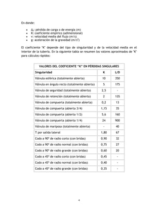 4
En donde:
· Δs: pérdida de carga o de energía (m)
· K: coeficiente empírico (adimensional)
· v: velocidad media del flujo (m/s)
· g: aceleración de la gravedad (m/s2
)
El coeficiente "K" depende del tipo de singularidad y de la velocidad media en el
interior de la tubería. En la siguiente tabla se resumen los valores aproximados de "K"
para cálculos rápidos:
VALORES DEL COEFICIENTE “K” EN PÉRDIDAS SINGULARES
Singularidad K L/D
Válvula esférica (totalmente abierta) 10 350
Válvula en ángulo recto (totalmente abierta) 5 175
Válvula de seguridad (totalmente abierta) 2,5 -
Válvula de retención (totalmente abierta) 2 135
Válvula de compuerta (totalmente abierta) 0,2 13
Válvula de compuerta (abierta 3/4) 1,15 35
Válvula de compuerta (abierta 1/2) 5,6 160
Válvula de compuerta (abierta 1/4) 24 900
Válvula de mariposa (totalmente abierta) - 40
T por salida lateral 1,80 67
Codo a 90º de radio corto (con bridas) 0,90 32
Codo a 90º de radio normal (con bridas) 0,75 27
Codo a 90º de radio grande (con bridas) 0,60 20
Codo a 45º de radio corto (con bridas) 0,45 -
Codo a 45º de radio normal (con bridas) 0,40 -
Codo a 45º de radio grande (con bridas) 0,35 -
 